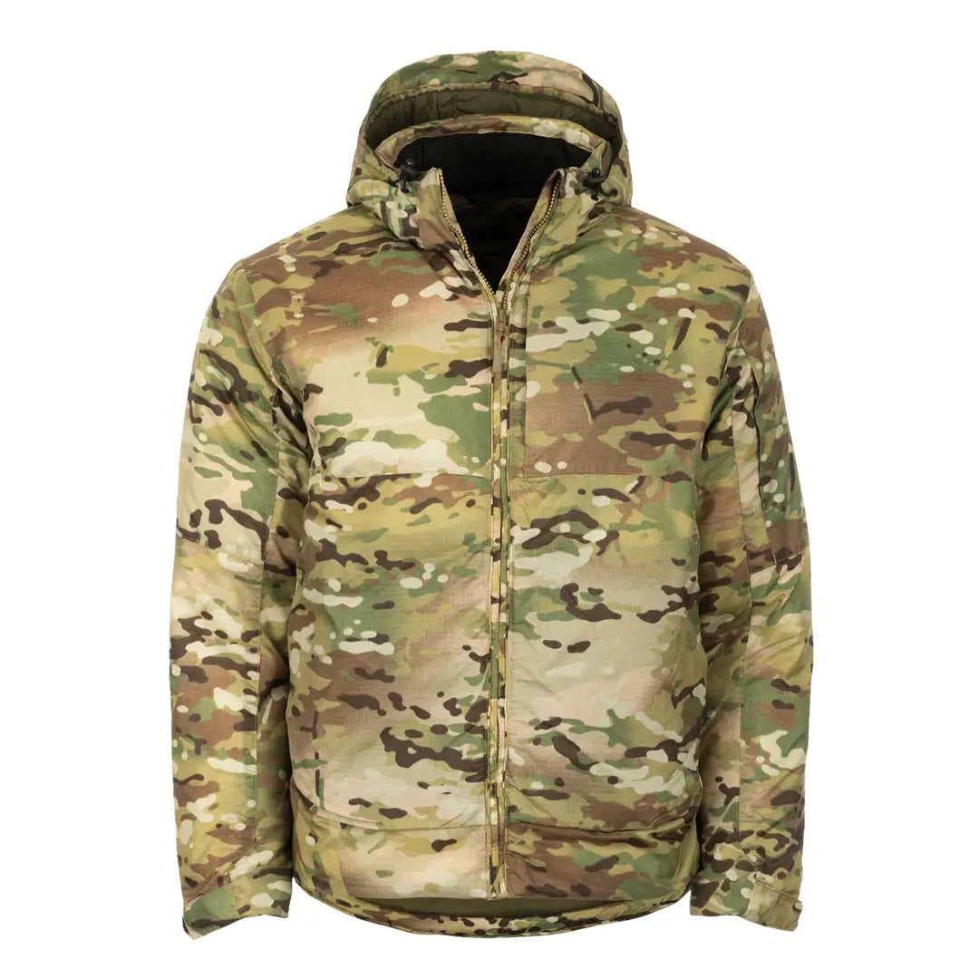Front shot of a Snugpak Arrowhead insulated windproof jacket in multicam on a white background
