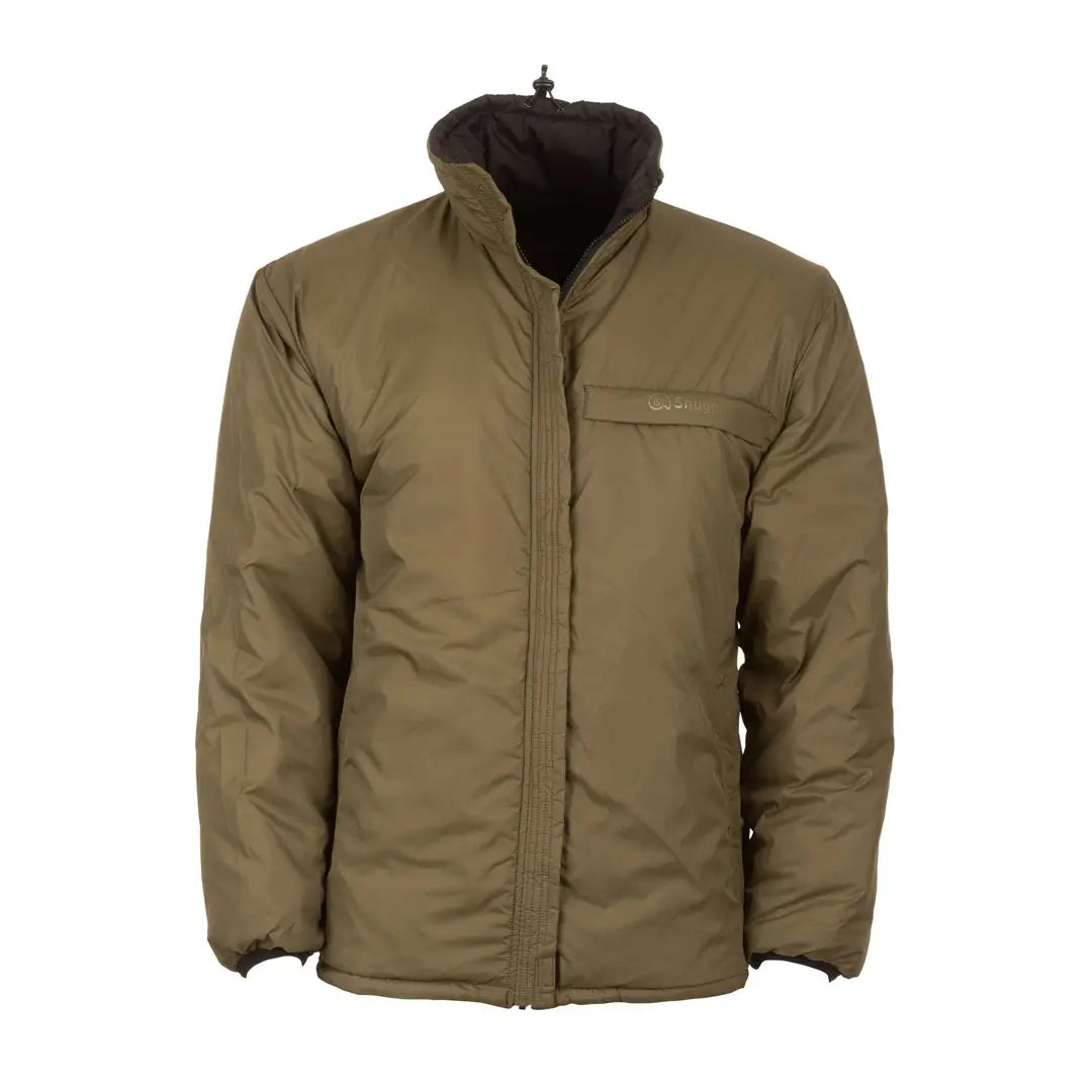 Front studio shot of Snugpak Sleeka Elite Reversible insulated windproof jacket in black/olive turned inside out