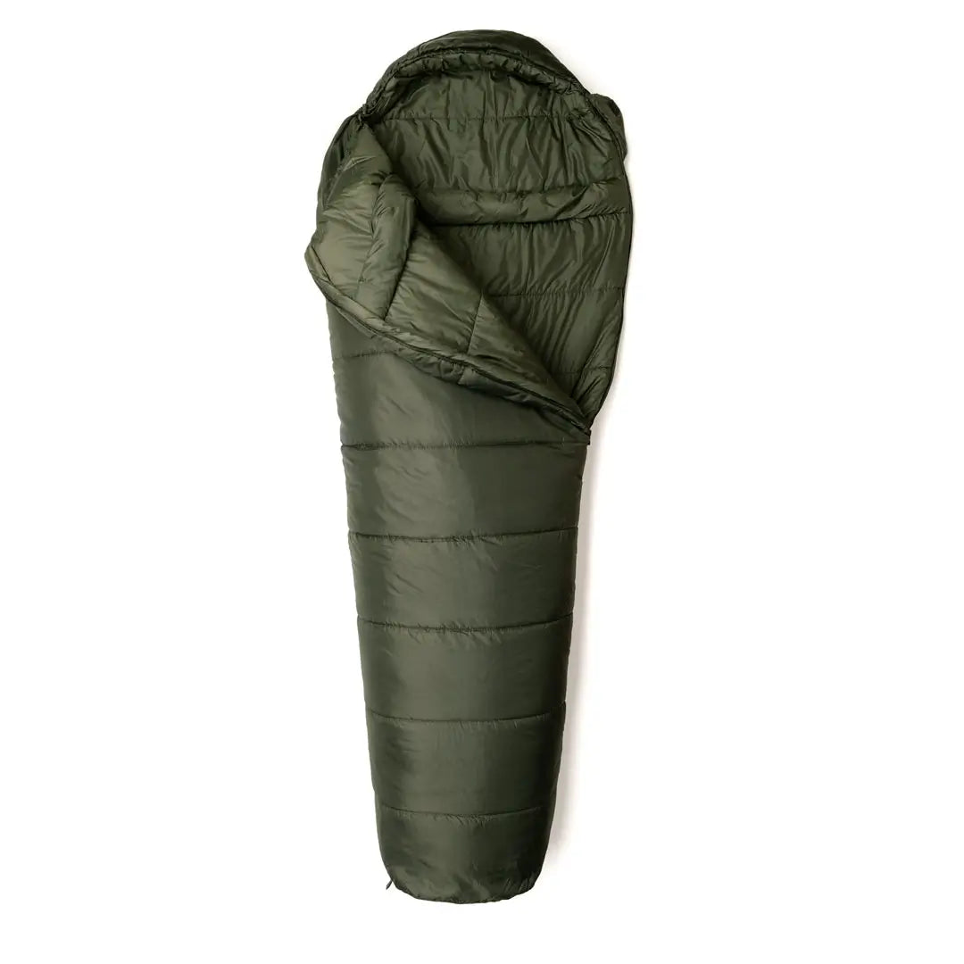Studio shot on a white background from above of a Snugpak Sleeper Extreme sleeping bag unpacked and opened out in olive