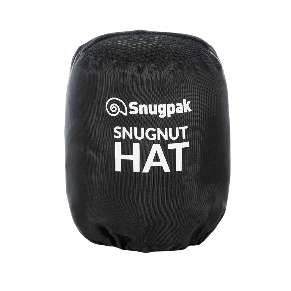 Snugpak Snugnut insulated winter hat in its stuff sack shot on a white background in a studio