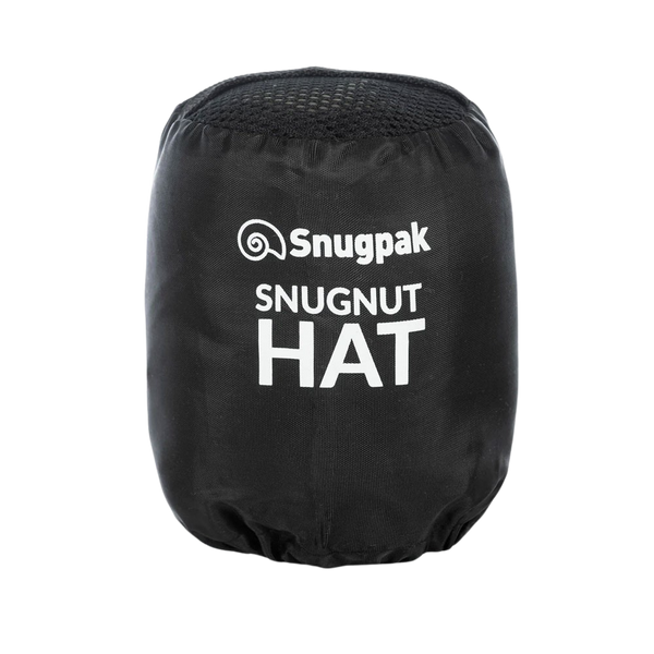 Snugpak Snugnut insulated winter hat in its stuff sack shot on a white background in a studio