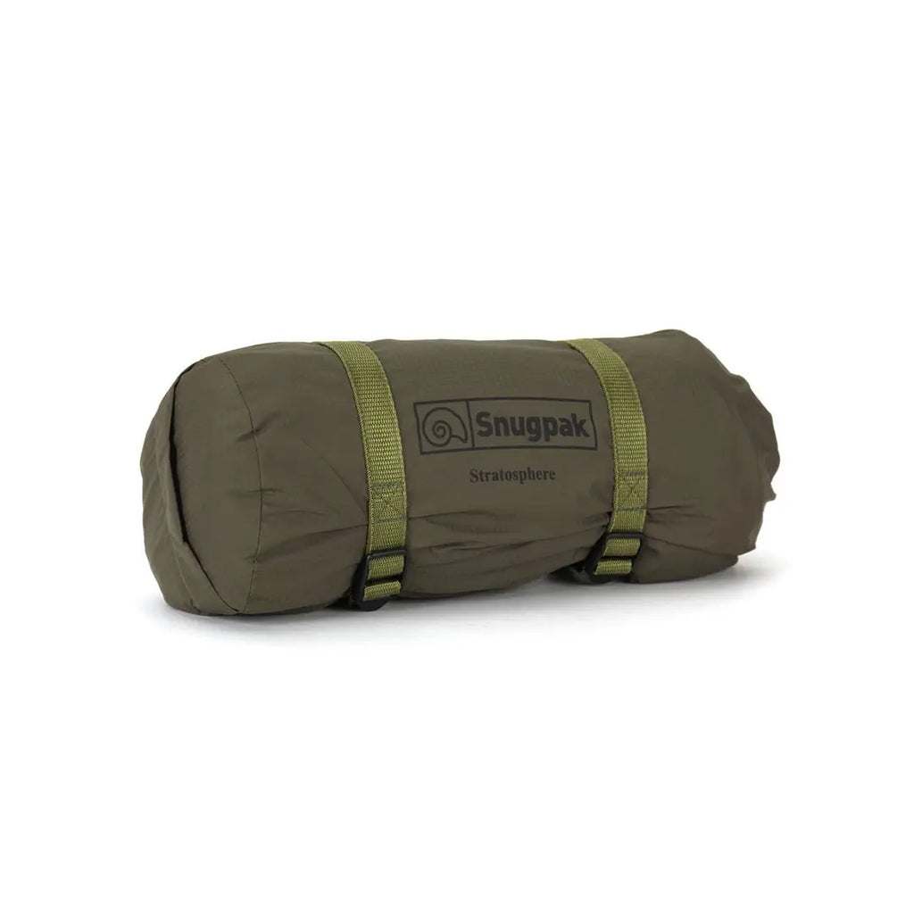 Studio shot on a white background of a Snugpak Stratosphere Bivi shelter packed in its compression sack