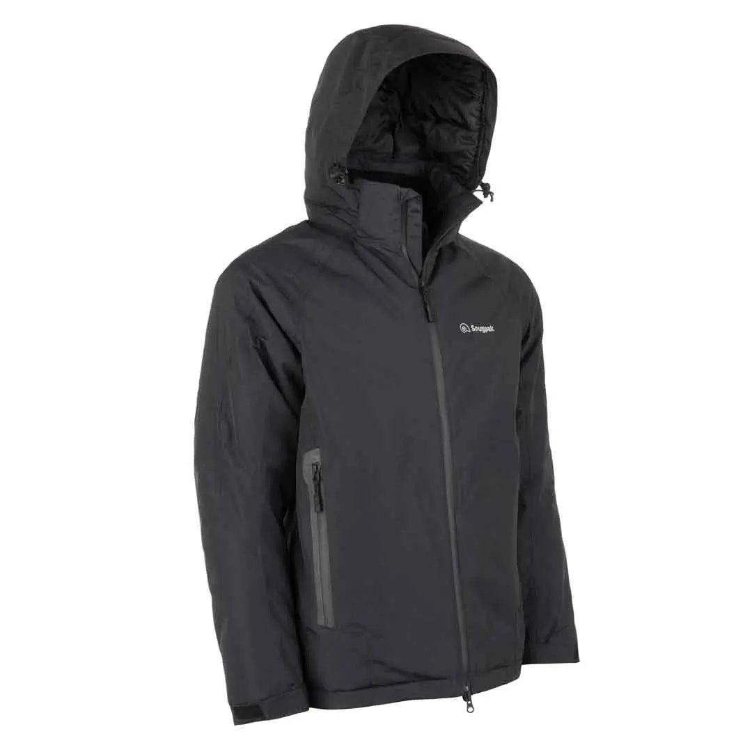 Studio shot on a white background of the side of Snugpak Torrent Insulated Waterproof Jacket in black