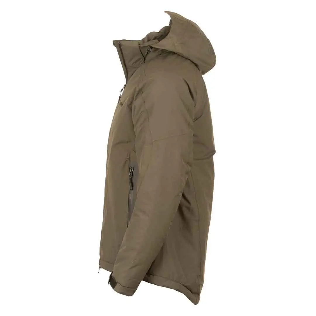 Studio shot on  a white background of the side of Snugpak Torrent Insulated Waterproof Jacket in forest green
