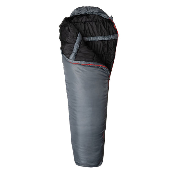 Snugpak Travelpak 4 sleeping bag in grey partially unzipped and pulled away to show the inner fabric.