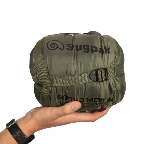 Snugpak Softie 3 Merlin Sleeping Bag compressed in its stuff sack: Highlighting the compact pack size, making it ideal for travel and outdoor adventures.