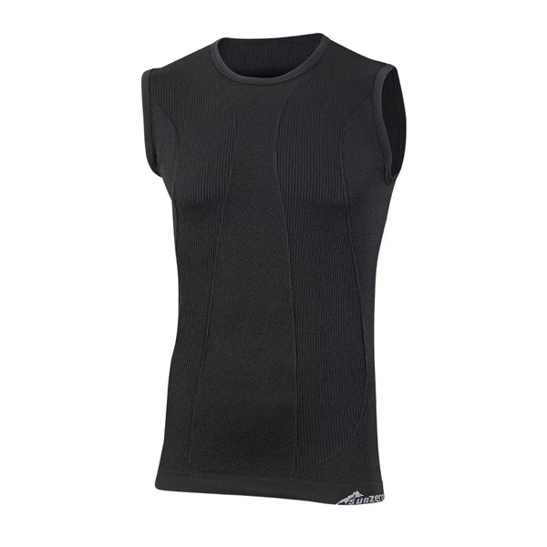 Front detail showingthe low profile neck and arms, long cut body, and the body mapping zones on a Sub Zero Factor 1 Plus mens sleeveless vest top in black