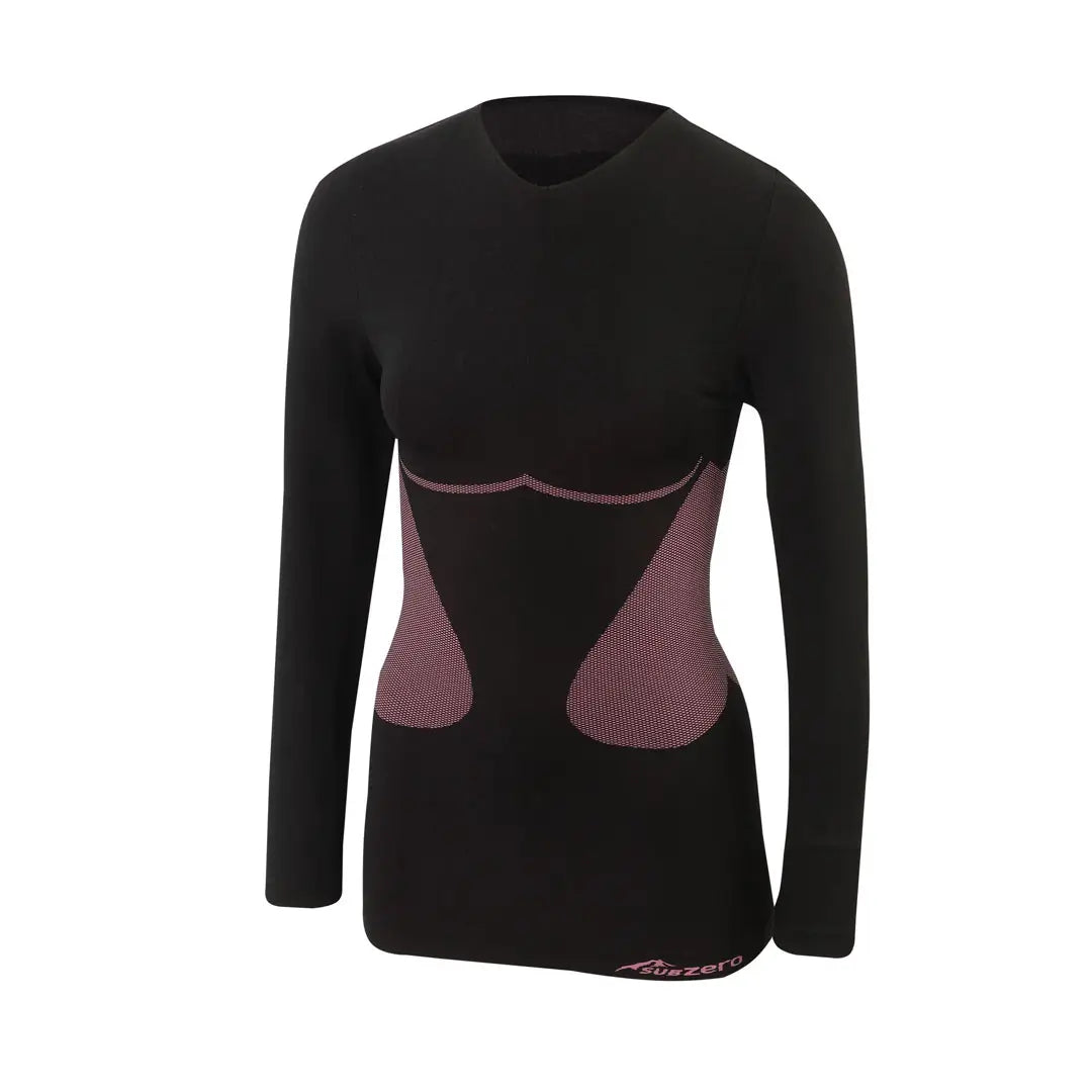 Front details image of a Sub Zero Factor 1 Plus Womens Long Sleeve Base Layer Stretch Top Pink Black on a white background
