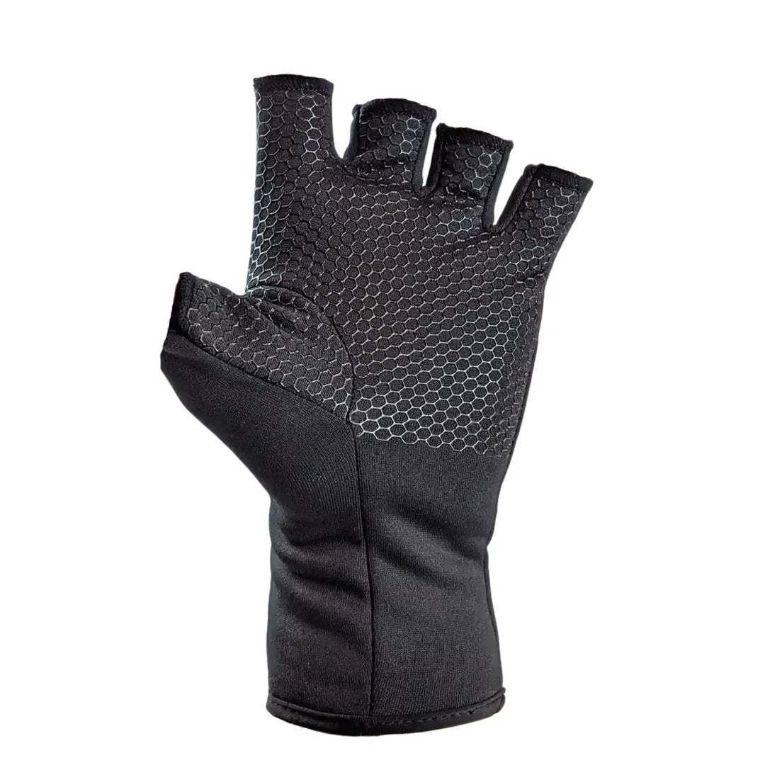 Palm detail on the left hand of a Sub Zero Factor 2 thermal fingerless gloves in black showing the silicon grip pattern on a white background