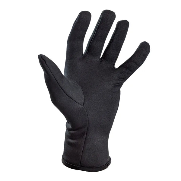 Left hand palm detail of  Sub Zero Factor 2 thermal liner glover in black showing the constructed fingers