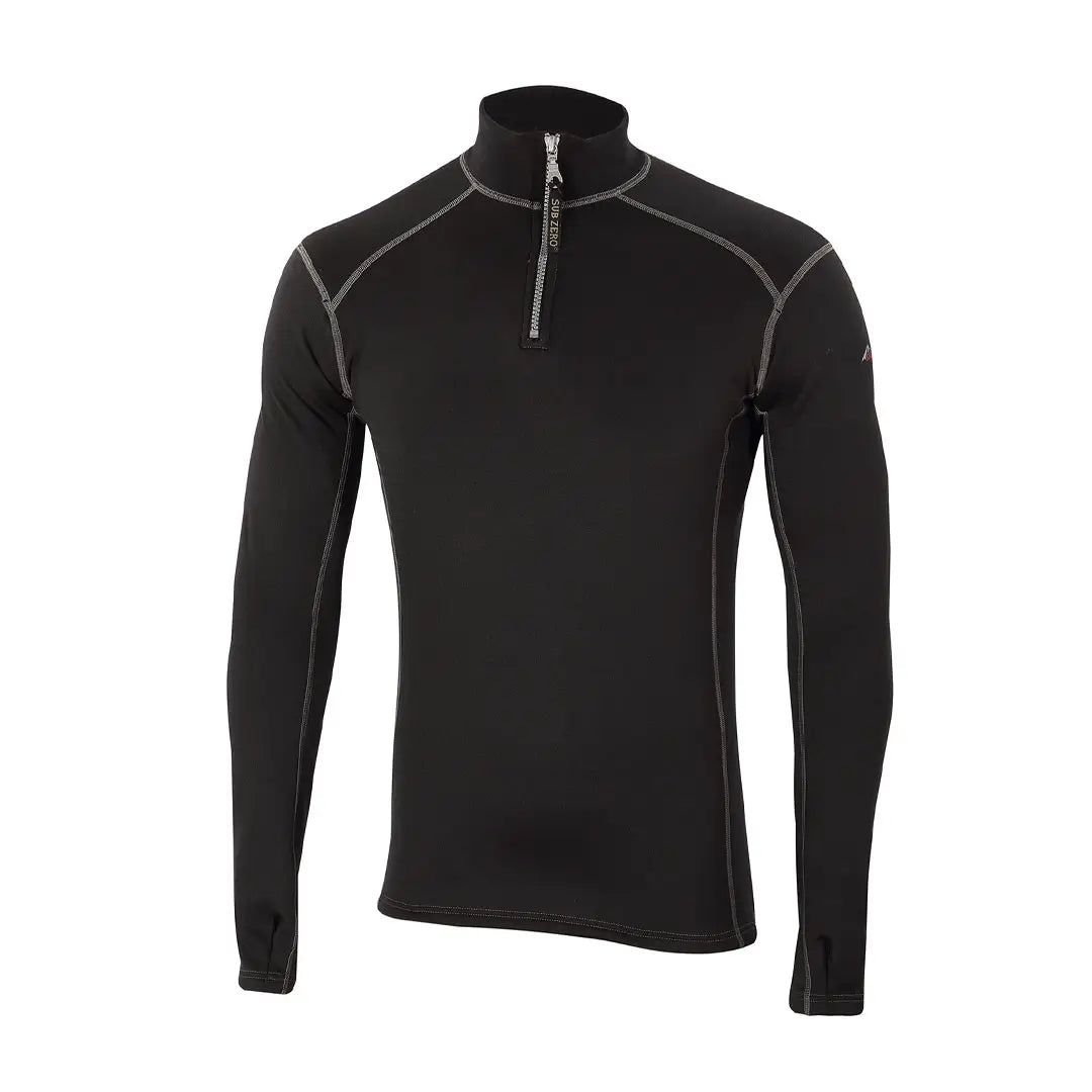 Front view of a Sub Zero Factor 2 Mens Long Sleeve Zip Neck Mid Layer Top  in colour black with grey stitching photographed on a white background