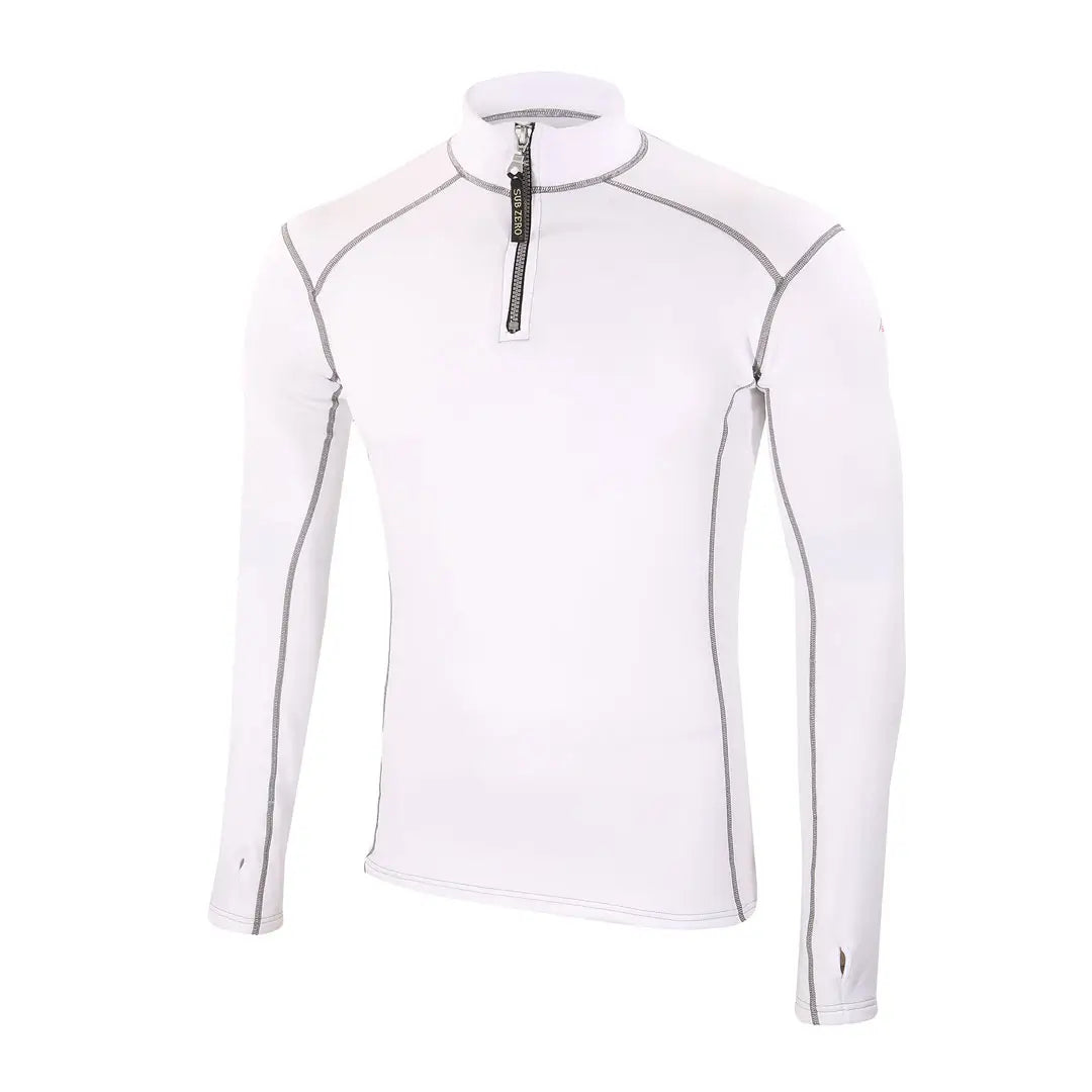 Front view of a Sub Zero Factor 2 Mens Long Sleeve Zip Neck Mid Layer Top  in colour white with grey stitching photographed on a white background