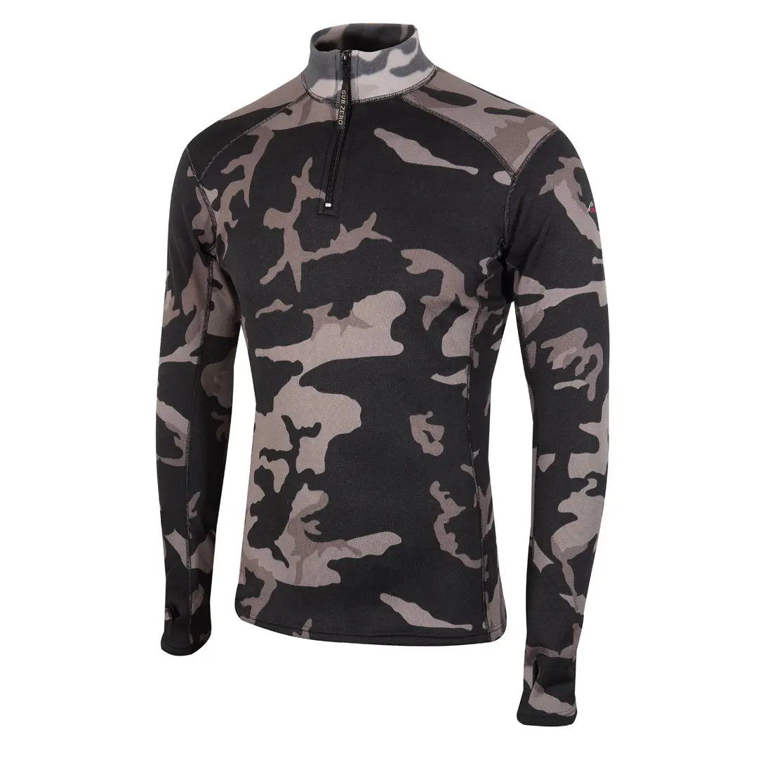 Front view of a Sub Zero Factor 2 Mens Long Sleeve Zip Neck Mid Layer Top  in colour grey camouflage photographed on a white background