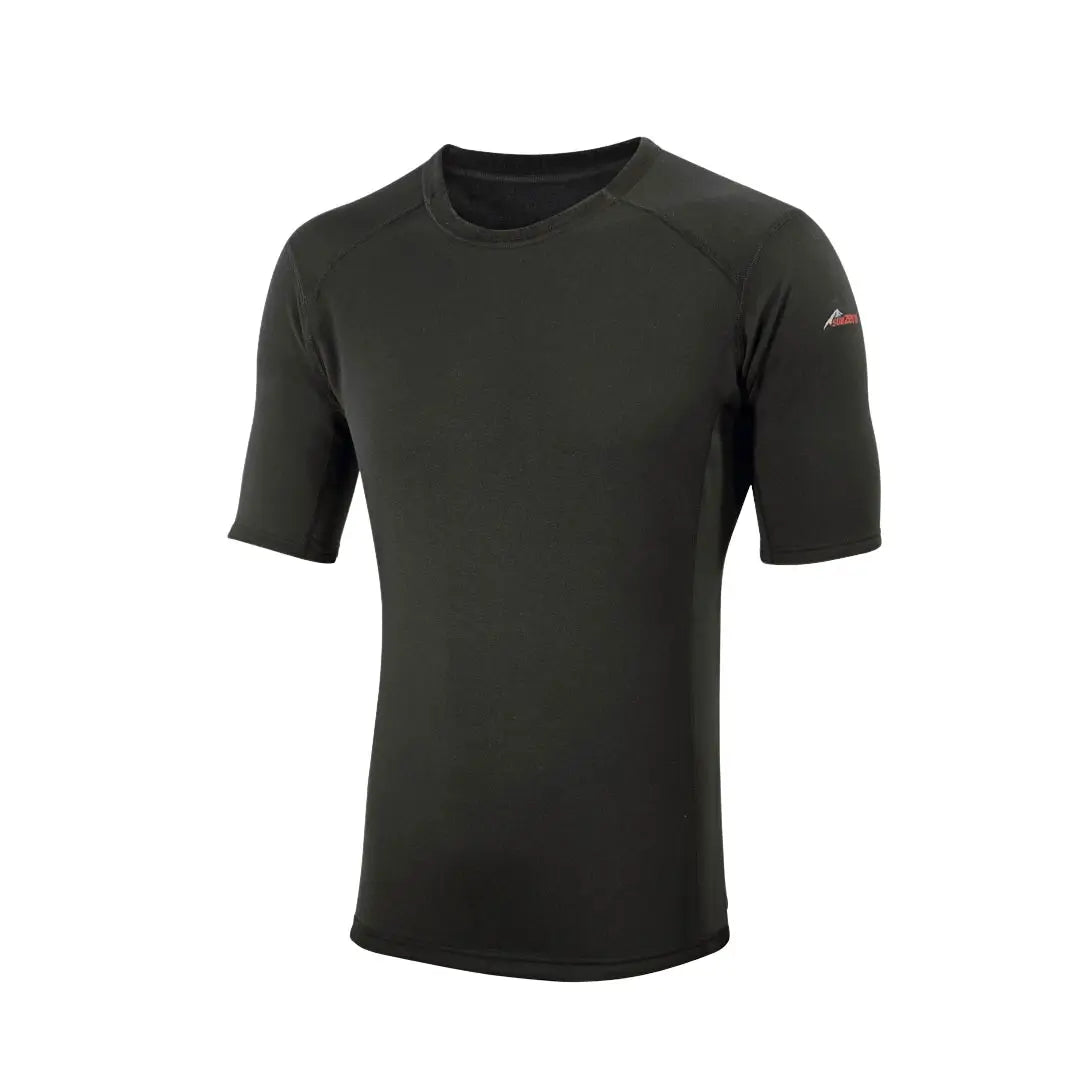 Front detail of Sub Zero Factor 2 mens short sleeve thermal mid layer top in black colour photographed on a white background