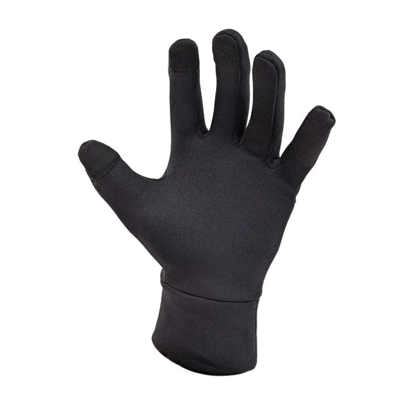 Palm detail on a left hand of Sub Zero Factor 2 Plus touchscreen glove in black showing the double cuff and conductive fingertips  