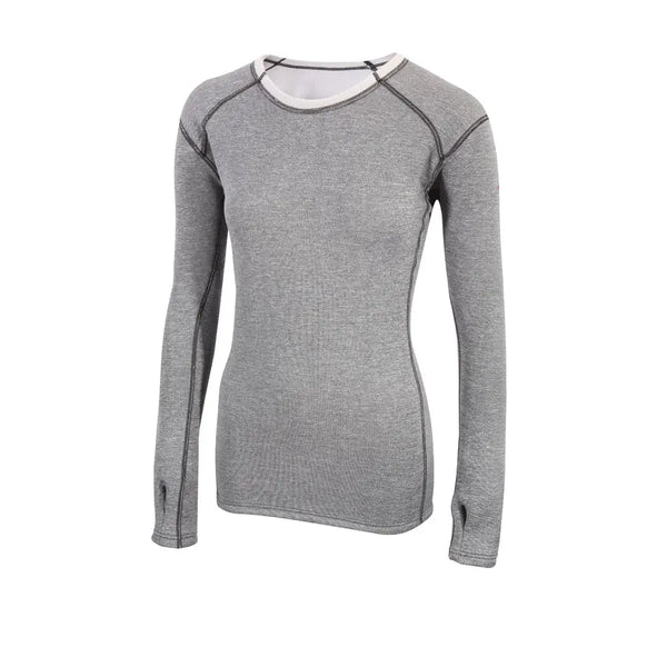 Front detail of Sub Zero Factor 2 Plus womens thermal mid layer long sleeve round neck top in marl grey colour