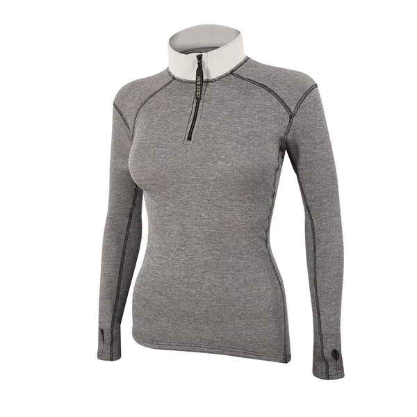 Front detail of Sub Zero Factor 2 Plus Womens long sleeve zip neck thermal mid layer top in greay marl colour