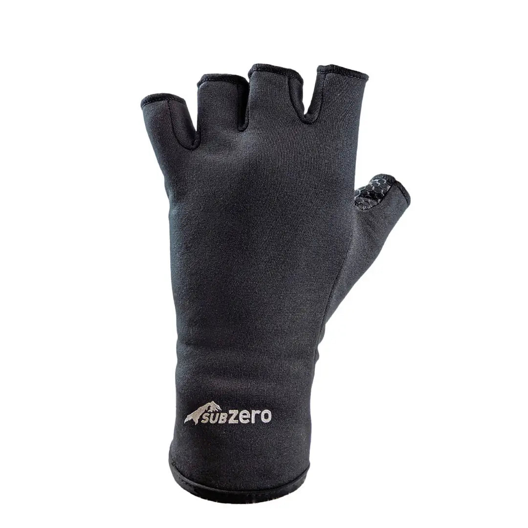 Back of the left hand detail of Sub Zero Factor 2 thermal fingerless gloves in black showing the reflective logo on a white background