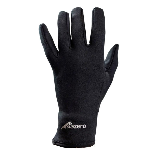 Left hand back detail of  Sub Zero Factor 2 thermal liner glover in black showing the reflective logo