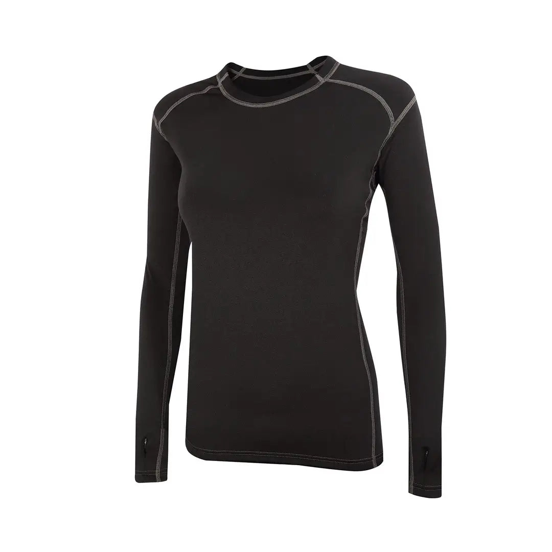 Front detail of Sub Zero womens thermal long sleeve mid layer round neck in colour black with grey stitching