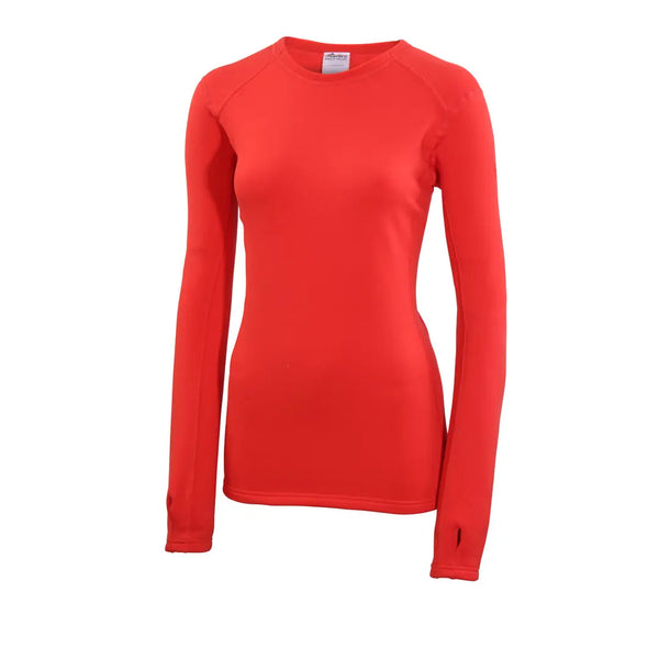 Front detail of Sub Zero womens thermal long sleeve mid layer round neck in colour red