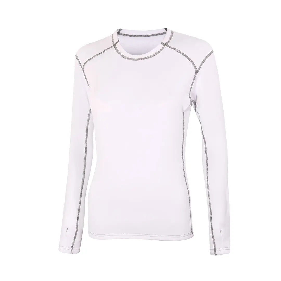Front detail of Sub Zero womens thermal long sleeve mid layer round neck in colour white with grey stitching