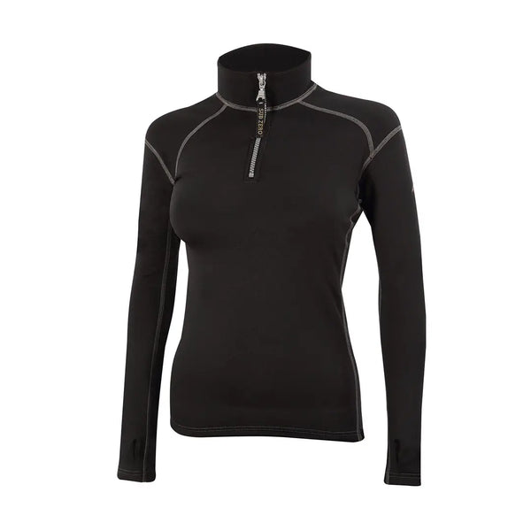 Front detail of Sub Zero Factor 2 womens thermal mid layer long sleeve zip neck top in colour black with grey stitching