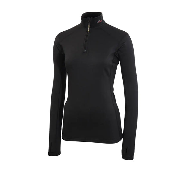 Front detail of Sub Zero Factor 2 womens thermal mid layer long sleeve zip neck top in colour black 