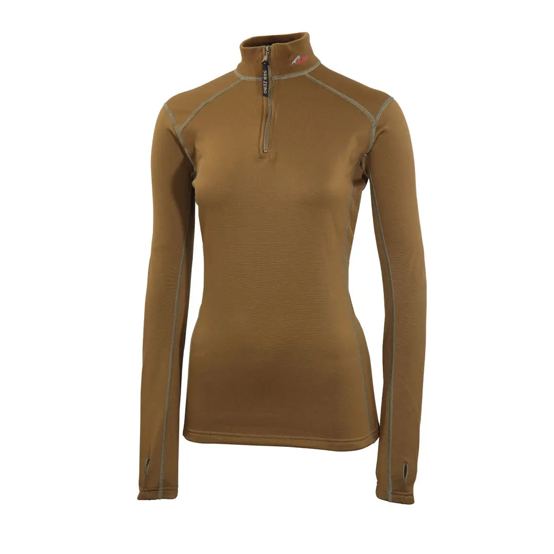 Front detail of Sub Zero Factor 2 womens thermal mid layer long sleeve zip neck top in colour khaki