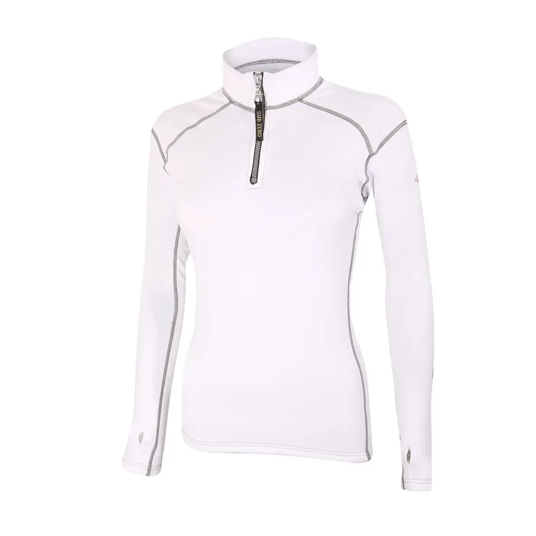 Front detail of Sub Zero Factor 2 womens thermal mid layer long sleeve zip neck top in colour white with grey stitching