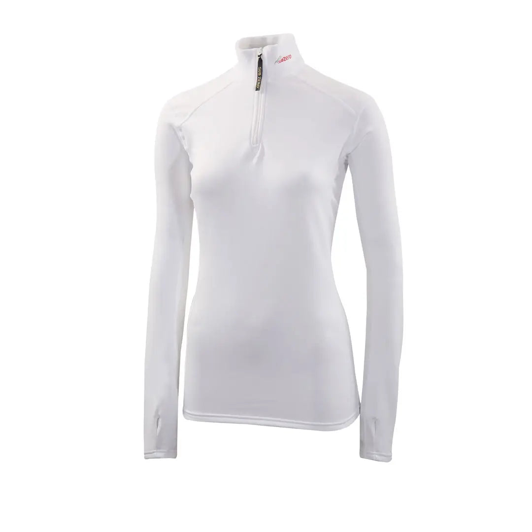 Front detail of Sub Zero Factor 2 womens thermal mid layer long sleeve zip neck top in colour white