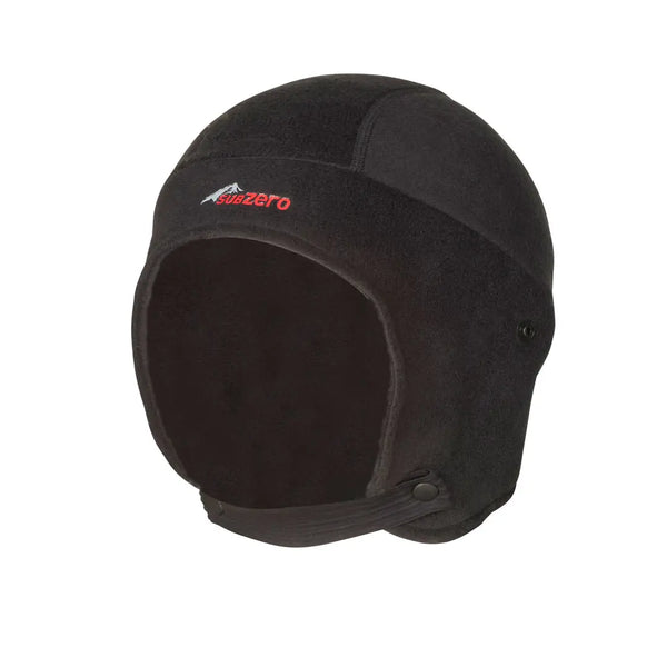 Front detail of a Sub Zero Factor 3 fleece beanie hat with ear guards showing the soft chin strap attachment