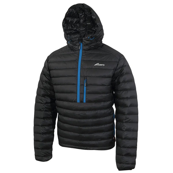 Sub Standard Sub Zero mens lightweight down hoody showing the front detail with blue zips and the hood up