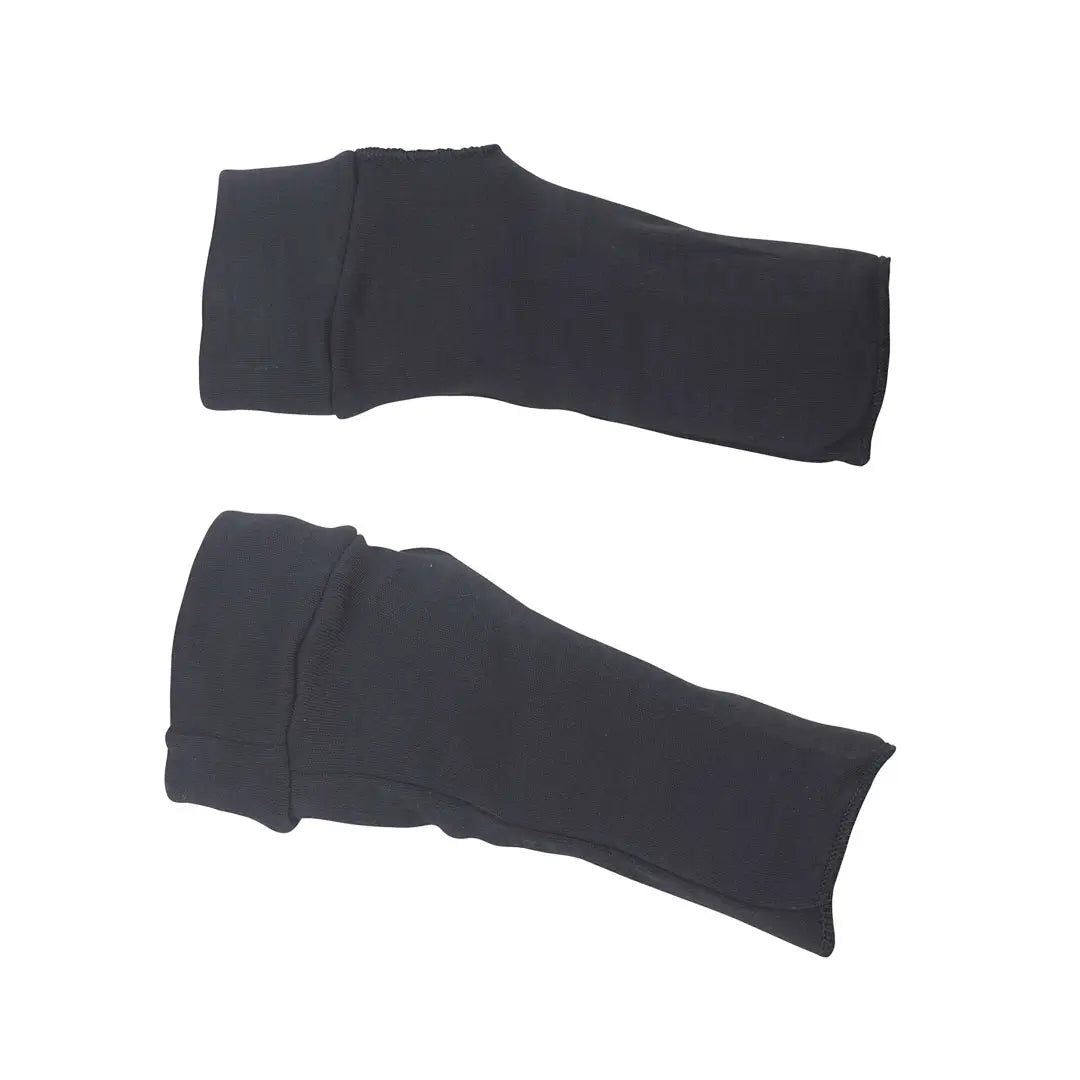 Pair of Sub Zero Meraklon thermal wrist warmers in black showing the thumb holes and double cuff on a white background