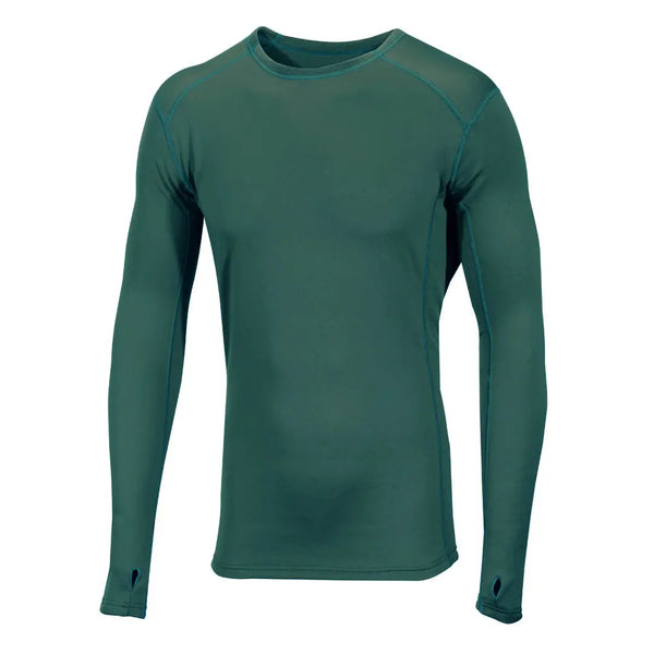 Front detail of a polyamide Sub Zero Factor 2 long sleeve crew neck top in pine green colour