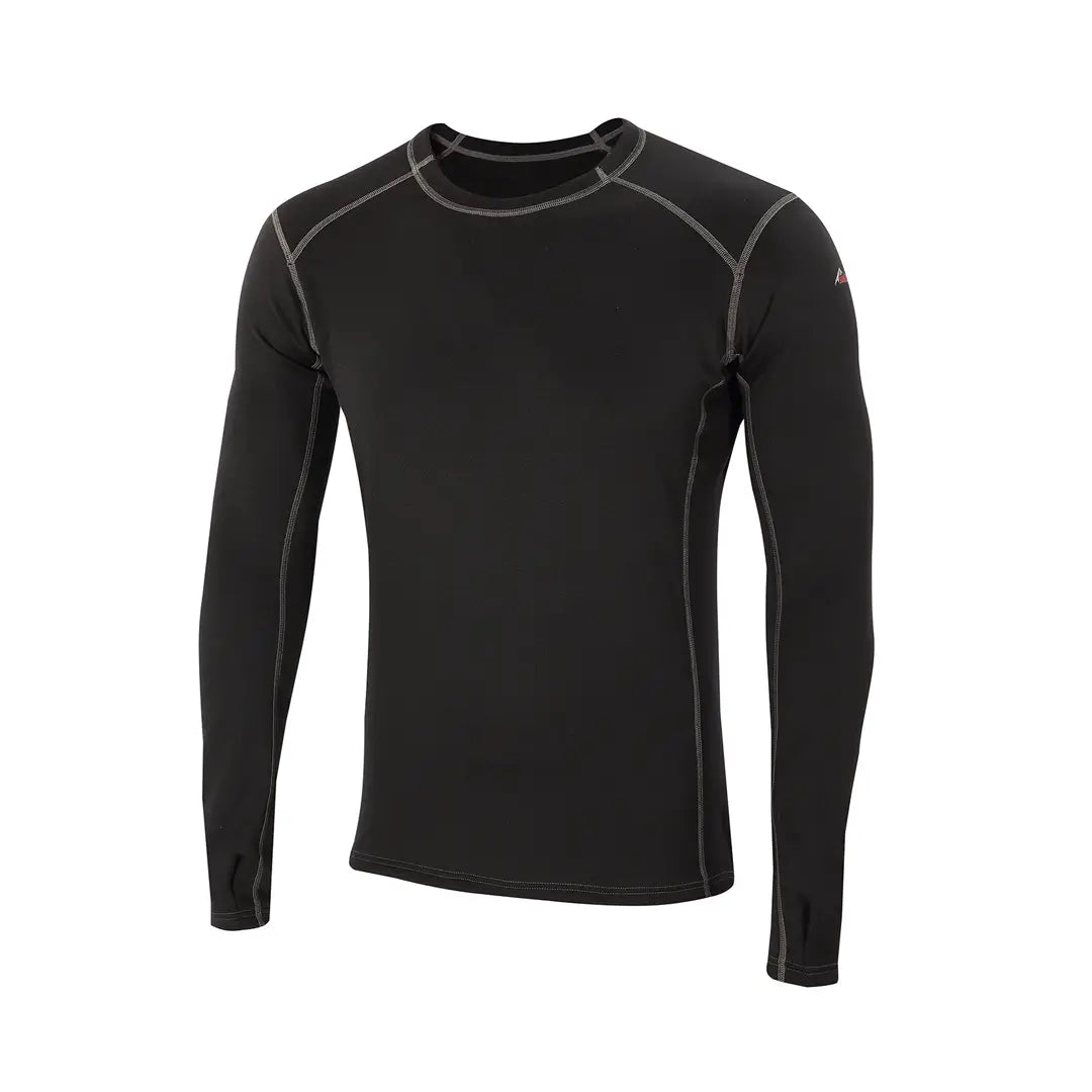 Front detail of Sub Zero Factor 2 mens long sleeve mid layer thermal top with a crew neck in colour black with grey stitching photographed on a white background