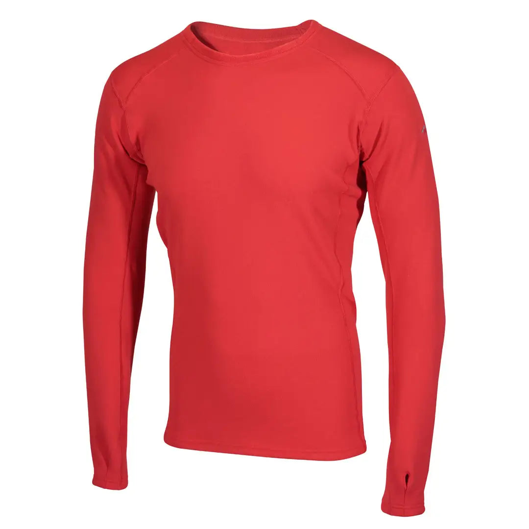 Front detail of Sub Zero Factor 2 mens long sleeve mid layer thermal top with a crew neck in colour red photographed on a white background
