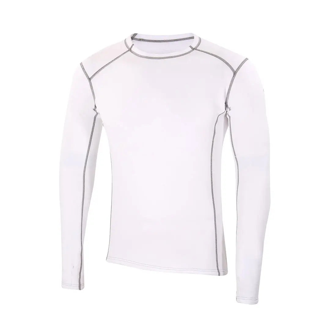 Front detail of Sub Zero Factor 2 mens long sleeve mid layer thermal top with a crew neck in colour white with grey stitching photographed on a white background