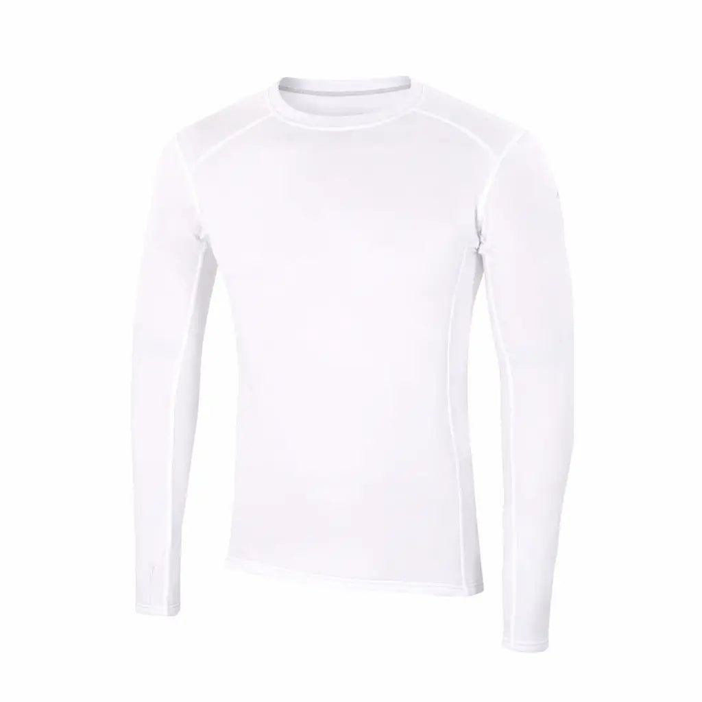 Front detail of Sub Zero Factor 2 mens long sleeve mid layer thermal top with a crew neck in colour white photographed on a white background
