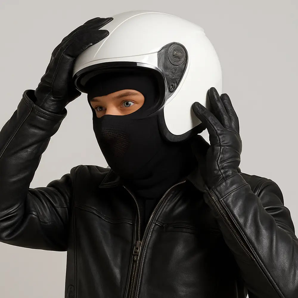 Person wearing a Factor 1 Plus balaclava in black whilst placing a white motorbike helmet over the top 