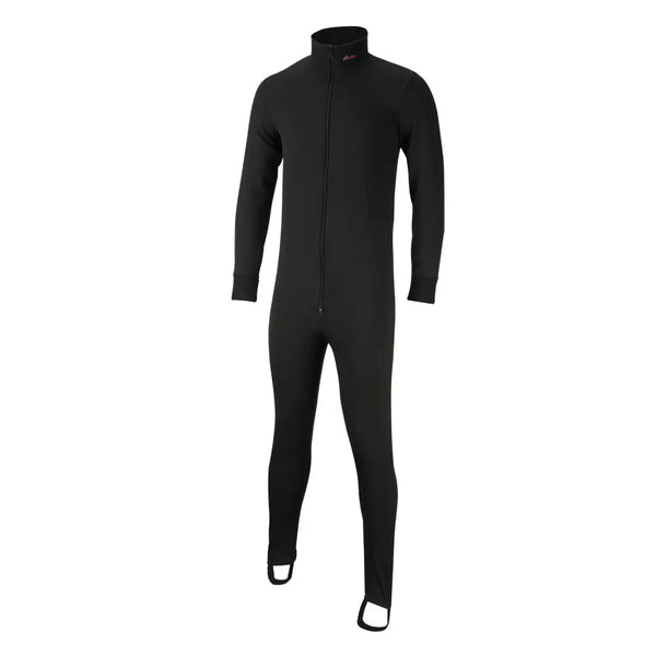 Front detail of a Sub Zero Factor 2 thermal mid layer onesie in black colour photographed on a white background