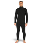 Man wearing a Sub Zero Factor 2 thermal mid layer onesie in black colour photographed on a white background