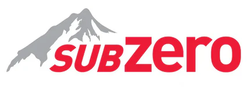 SubZero logo with red text and gray mountain silhouette