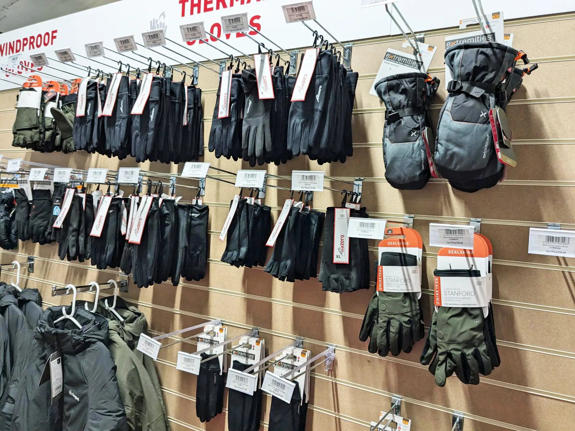 Wide range of thermal gloves from Sub Zero shown on their store racking