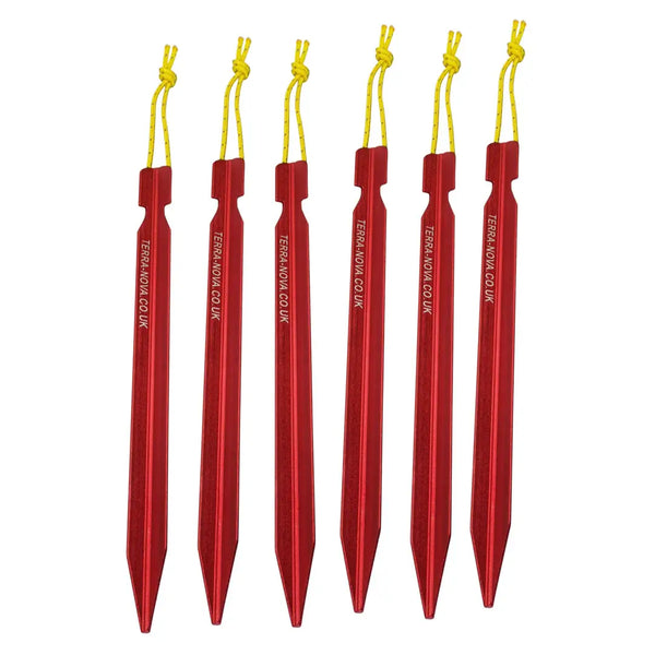 Terra Nova Terra Firma aluminium alloy Y profile lightweight tent pegs in red laid flat showing the contents of a pack of six 