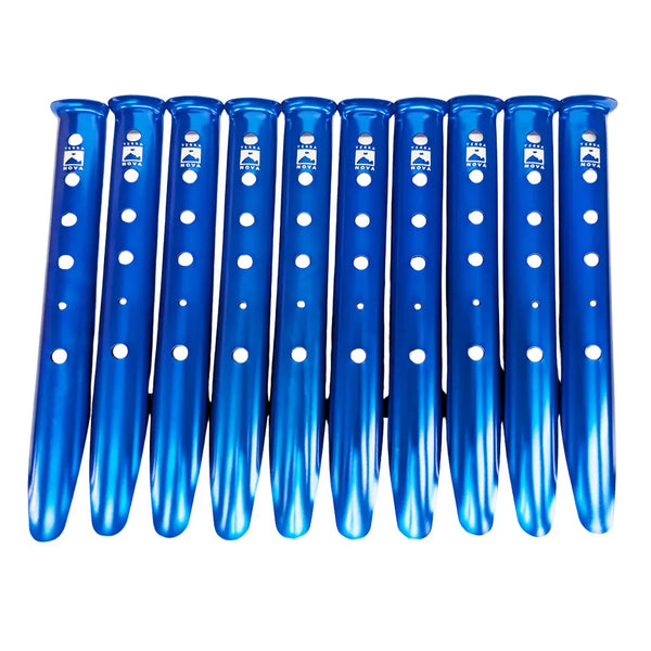 Terra Nova Aluminium Alloy SOS tent peg stakes in blue colour lined up showing all ten in the pack