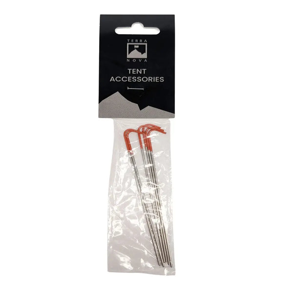 Terra Nova titanium skewer tent pegs with red dipped heads shown in their packaging