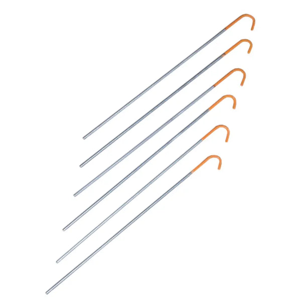 Terra Nova titanium skewer tent pegs with red dipped heads shown in their pack of 6