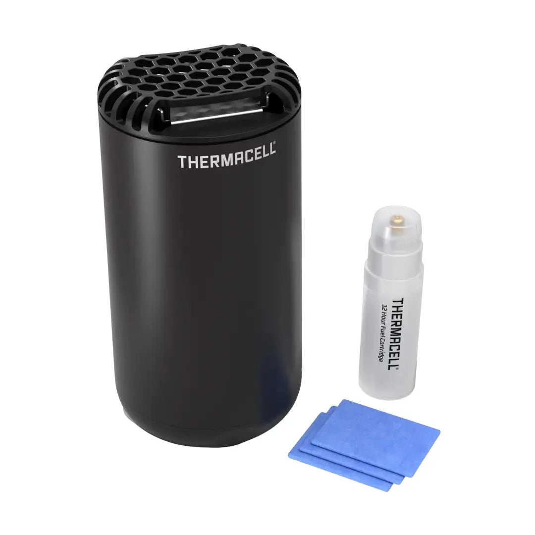 Thermacell Patio Shield mosquito repeller in graphite colour showing the fuel cartridge and the three repellent mats