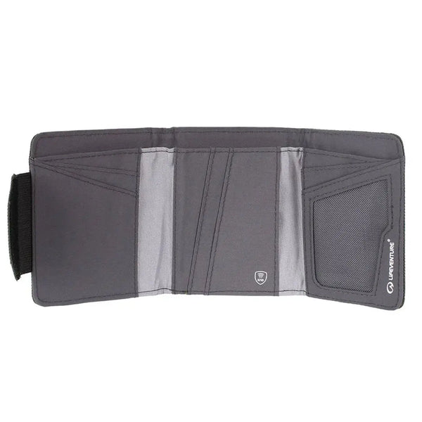 Lifeventure Tri-Fold RFiD Wallet in grey colour opened out to show the card and note slots